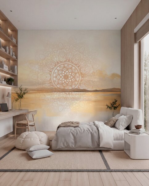 Fotótapéta Texturált, szimmetrikus mandala mintázat, amely egy tengerrel, dombokkal és éggel, Boho stílusú fotótapéta, w09491 : Uwalls.hu