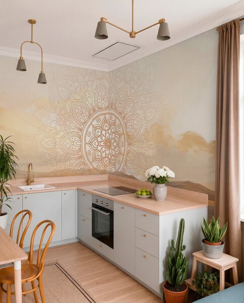Fotótapéta Texturált, szimmetrikus mandala mintázat, amely egy tengerrel, dombokkal és éggel, Boho stílusú fotótapéta, w09491 : Uwalls.hu