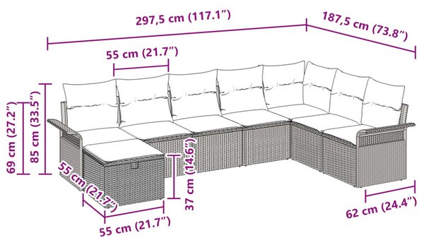 Kerti Kanapé Szett párnával 8 pcs Barna és Piros polirattan