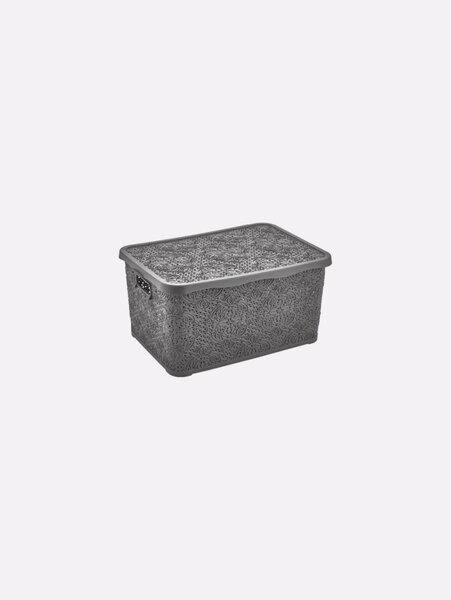 TÁROLÓDOBOZ SZÖGL. TETŐVEL MŰA. 1,25L 4 SZÍN "LACE" 8,4*12*18CM