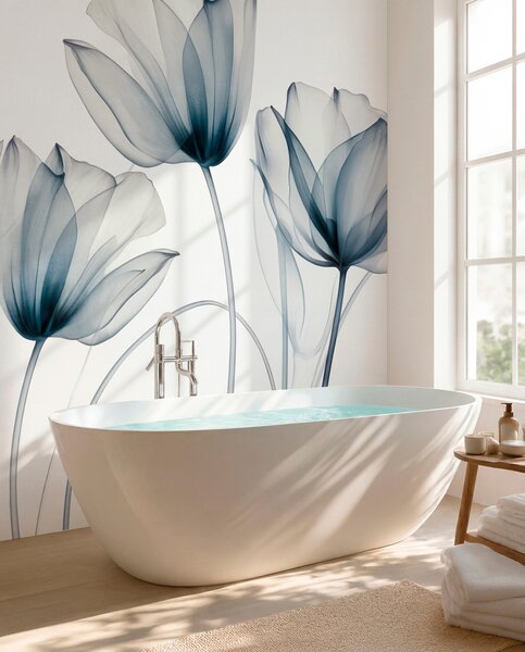 Fotótapéta Átlátszó kék és fehér tulipánvirágok hosszú szárakkal, világos háttér előtt, finom és texturált, Fotótapéta modern, w09538 : Uwalls.hu