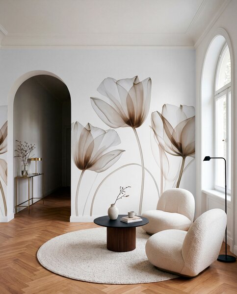 Fotótapéta Átlátszó barna és fehér tulipánvirágok hosszú szárakkal, világos háttér előtt, finom és, Fotótapéta modern, w09538v1 : Uwalls.hu