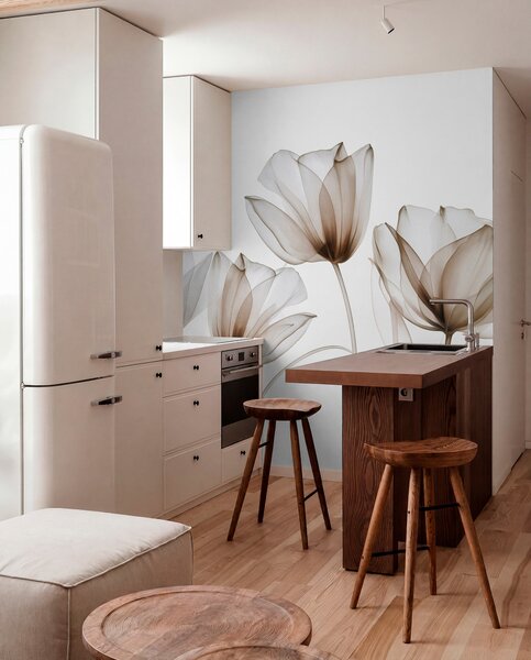 Fotótapéta Átlátszó barna és fehér tulipánvirágok hosszú szárakkal, világos háttér előtt, finom és, Fotótapéta modern, w09538v1 : Uwalls.hu
