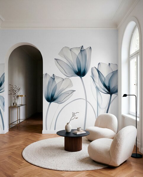 Fotótapéta Átlátszó kék és fehér tulipánvirágok hosszú szárakkal, világos háttér előtt, finom és texturált, Fotótapéta modern, w09538 : Uwalls.hu