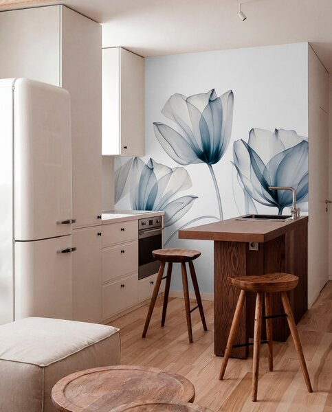 Fotótapéta Átlátszó kék és fehér tulipánvirágok hosszú szárakkal, világos háttér előtt, finom és texturált, Fotótapéta modern, w09538 : Uwalls.hu