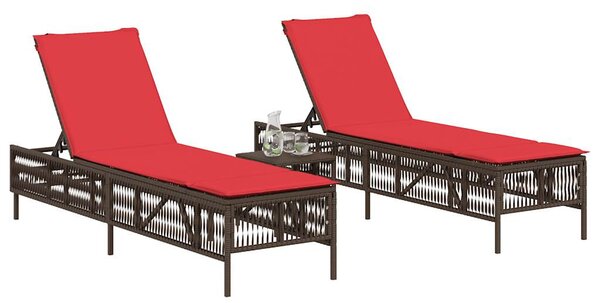 2 db barna polyrattan napozóágy asztallal