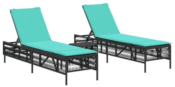 2 db fekete polyrattan napozóágy asztallal