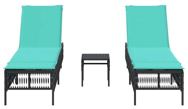 2 db fekete polyrattan napozóágy asztallal