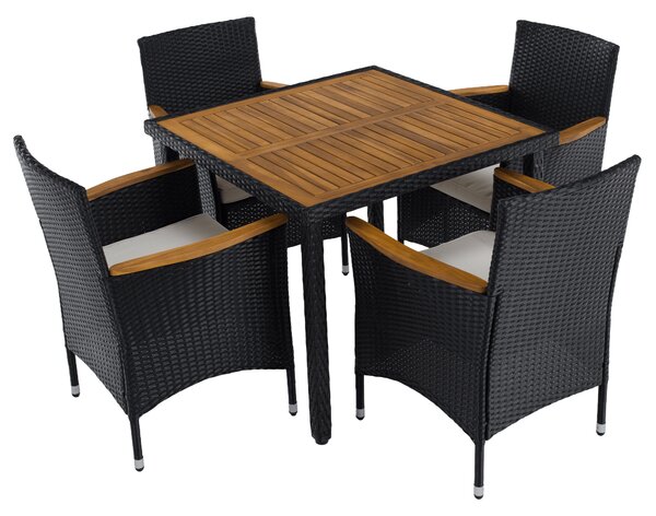 KONDELA Kerti rattan szett, akácfa, fekete/krémszínű/természetes, BOGART