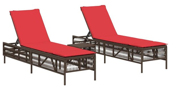 2 db barna polyrattan napozóágy asztallal