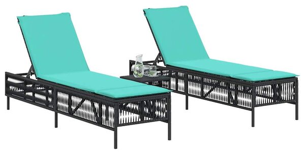 2 db fekete polyrattan napozóágy asztallal