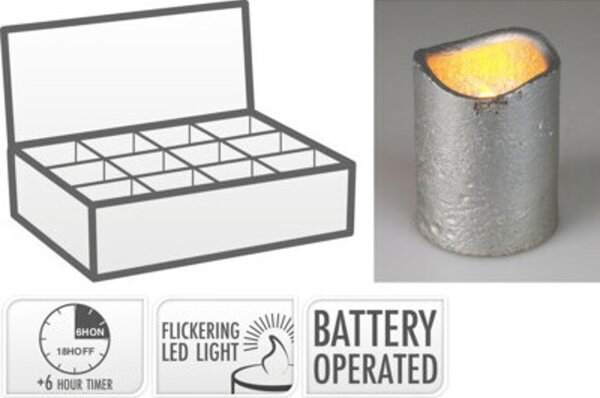 GYERTYA LED-ES ÍDŐZÍTŐVEL ÉS ELEMMEL EZÜST 5X6CM 12DB/DISPLAY