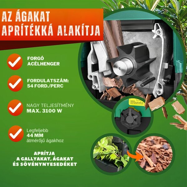 DIOX kerti aprítógép/aprító+2x 60l zsák, 3100W fekete/zöld Gardebruk