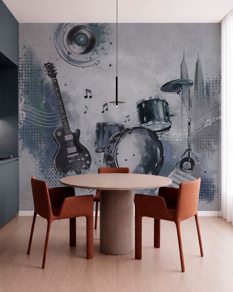 Fotótapéta Gitár és dobkészlet hangjegyekkel, Fotótapéta egyedi, w05546 : Uwalls.hu