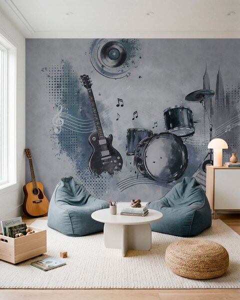 Fotótapéta Gitár és dobkészlet hangjegyekkel, Fotótapéta egyedi, w05546 : Uwalls.hu
