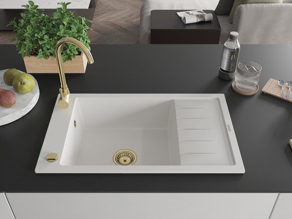 Mexen Elias, gránit mosogató gránit 795x480x200 mm, 1 kamrás, fehér, arany szifonnal, 6511791005-20-G