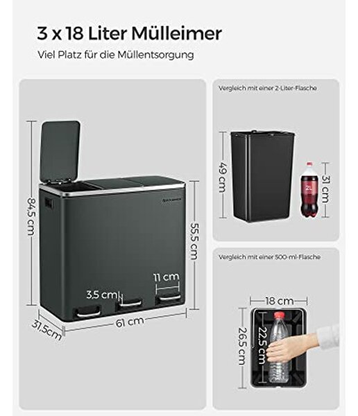 Konyhai szemetes, 3 × 18 literes szelektív hulladékgyűjtő, acél, zöldesszürke