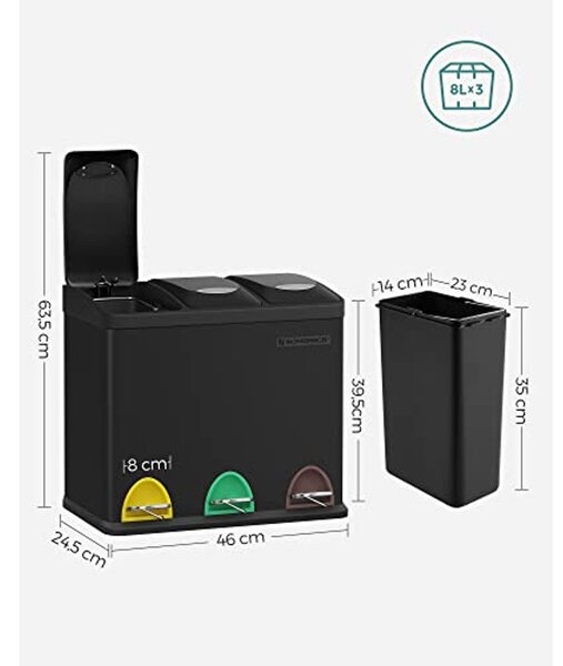 Kis szelektív konyhai hulladékgyűjtő, pedálos fedéllel, 3 x 8 literes vödörrel, acél, fekete