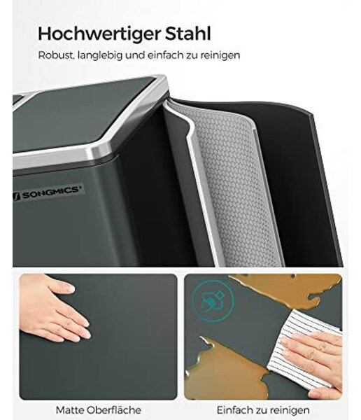 Konyhai szemetes, 3 × 18 literes szelektív hulladékgyűjtő, acél, zöldesszürke