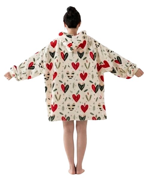 Báránybunda hatású kapucnis, ujjas pléd WINTER HEARTS, színes kivitel