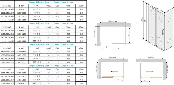 Mexen Omega zuhany 140x70cm, 8mm üveg, fekete profil-átlátszó üveg, 825-140-070-70-00