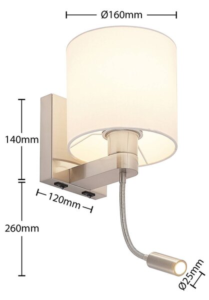 Lucande fali lámpa Brinja, 45 cm, forgatható, olvasólámpa, E27, Alu / szürke / cink, Nappali / Étkező, Textil / szövet / selyem