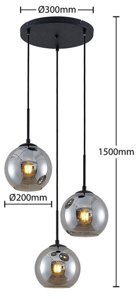 Lindby függőlámpa Jurian, 32 cm, 3-as lámpa, fekete/füst, üveg, dimmelhető, Alu / szürke / cink, Nappali / Étkező, Üveg, Modern