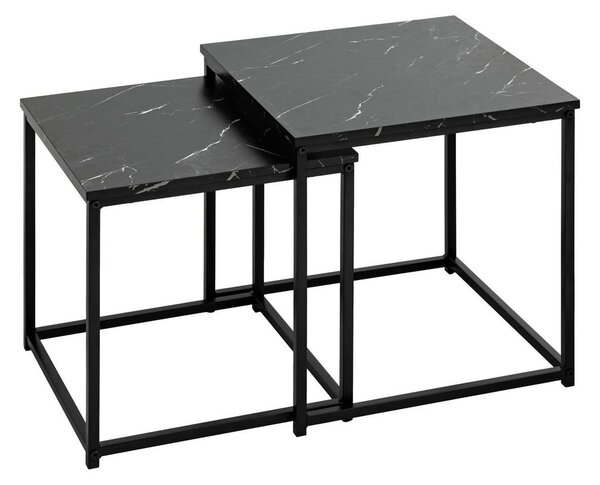 Dohányzóasztal 2 db-os szett, egymásba rakható, fa-fém, 40/36 cm, márványhatású fekete lap – FERVELLE