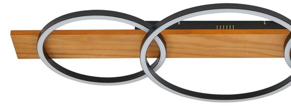 Lindby LED mennyezeti lámpa Galad, fekete, fa, 3 lámpás, 98 cm, dimmelhető, Világos fa, Nappali / Étkező, Fa, Modern