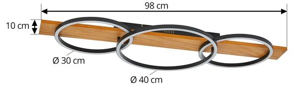 Lindby LED mennyezeti lámpa Galad, fekete, fa, 3 lámpás, 98 cm, dimmelhető, Világos fa, Nappali / Étkező, Fa, Modern