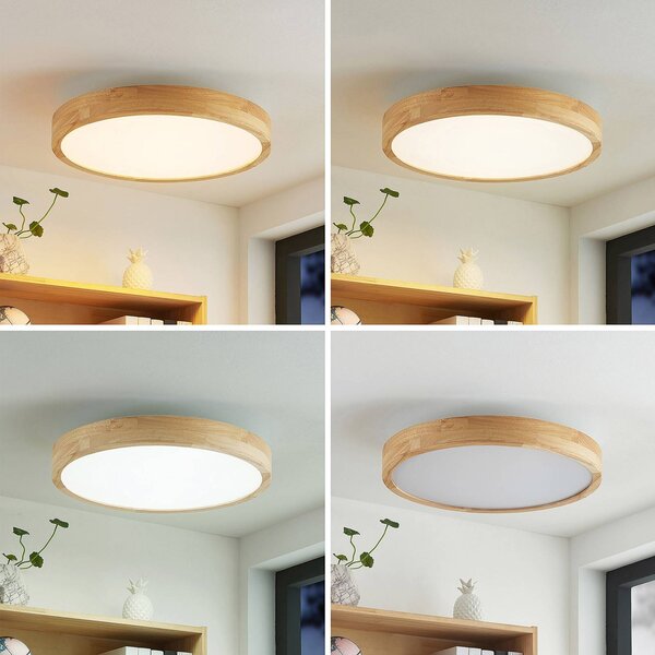 Lindby LED mennyezeti lámpa Lanira, Ø 50 cm, fa, távirányító, CCT, dimmelhető, Világos fa, Nappali / Étkező, Fa, Modern