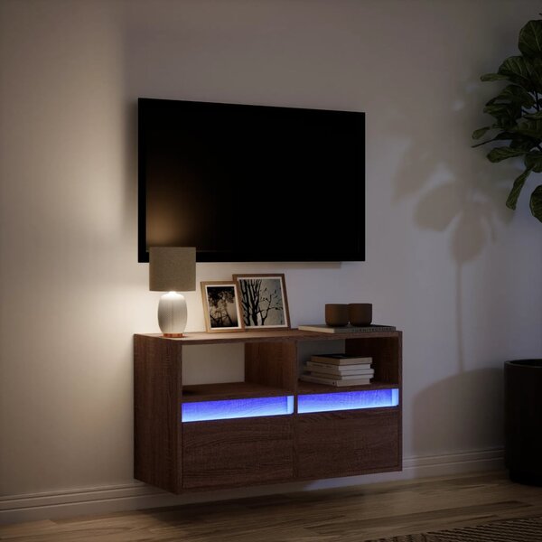 Barna tölgyszínű fali TV-szekrény LED-del 80 x 31 x 45 cm