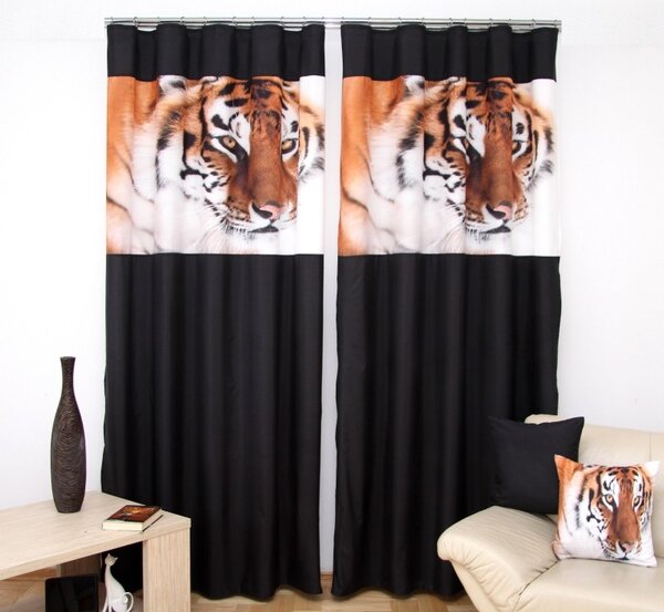 3D drapéria fekete színben, tigris fej motívummal Szélesség: 160 cm | Hossz: 250 cm (2 darabos készletben)