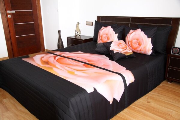Fekete ágytakarók rózsaszín rózsa mintával Szélesség: 220 cm | Hossz: 240 cm