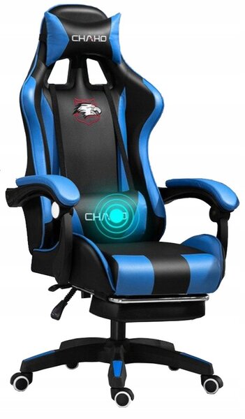 Kényelmes gamer szék fekete és kék masszázspárnával