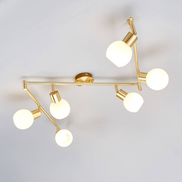 Lindby mennyezeti lámpa Elaina, 180cm, 6 lámpás, sárgaréz, üveg, E14, dimmelhető, Sárgaréz / arany, Nappali / Étkező, fém, Modern