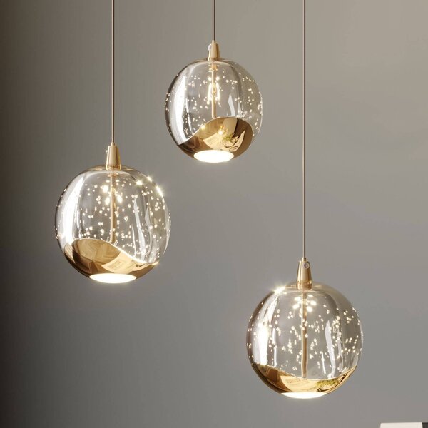 Lucande LED-es függőlámpa Hayley, Ø 25 cm, 3-as lámpa, arany, üveg, Tiszta / átlátszó, Nappali / Étkező, Üveg, Modern