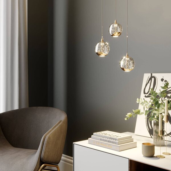 Lucande LED-es függőlámpa Hayley, Ø 25 cm, 3-as lámpa, arany, üveg, Tiszta / átlátszó, Nappali / Étkező, Üveg, Modern