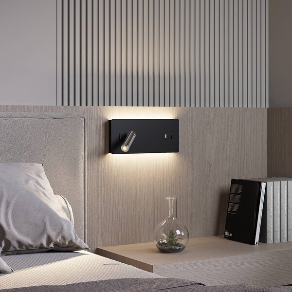 Lucande LED fali lámpa Kimo, 32 cm, fekete, alumínium, USB, Fekete, Nappali / Étkező, fém, Modern