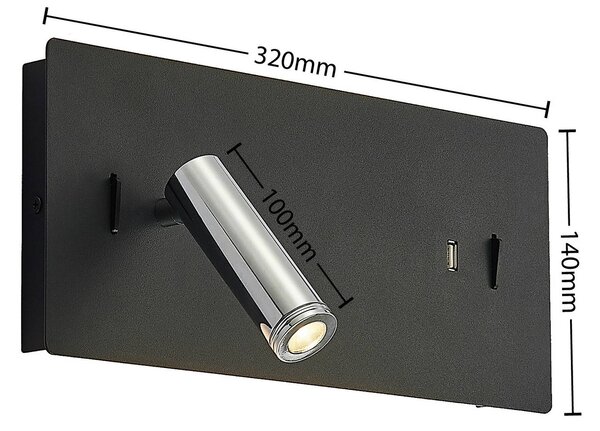 Lucande LED fali lámpa Kimo, 32 cm, fekete, alumínium, USB, Fekete, Nappali / Étkező, fém, Modern