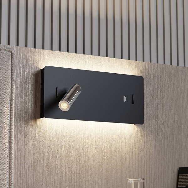 Lucande LED fali lámpa Kimo, 32 cm, fekete, alumínium, USB, Fekete, Nappali / Étkező, fém, Modern