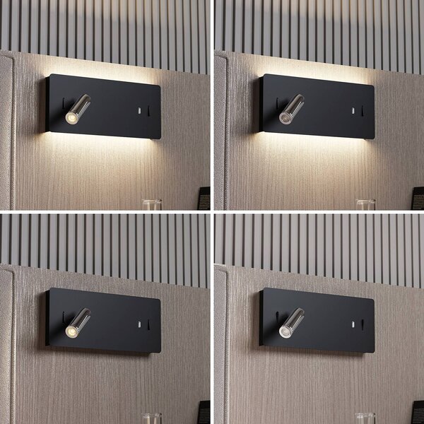 Lucande LED fali lámpa Kimo, 32 cm, fekete, alumínium, USB, Fekete, Nappali / Étkező, fém, Modern