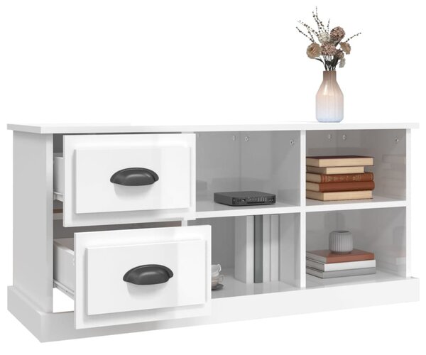 Magasfényű fehér szerelt fa TV-szekrény 102 x 35,5 x 47,5 cm