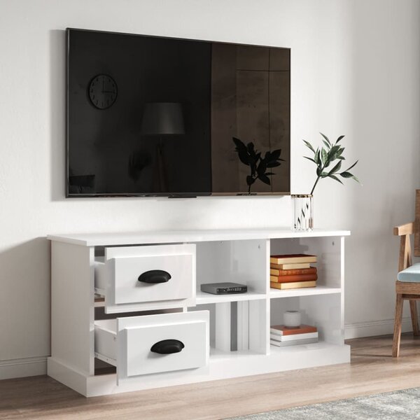 Magasfényű fehér szerelt fa TV-szekrény 102 x 35,5 x 47,5 cm