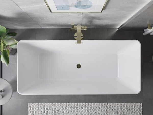 Mexen Velo Slim, szabadon álló kád 170 × 75 cm, fényes fehér, fényes arany túlfolyóval, 52811707500-50