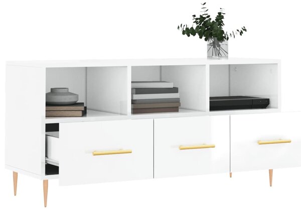 Fehér magasfényű szerelt fa TV-szekrény 102x36x50 cm