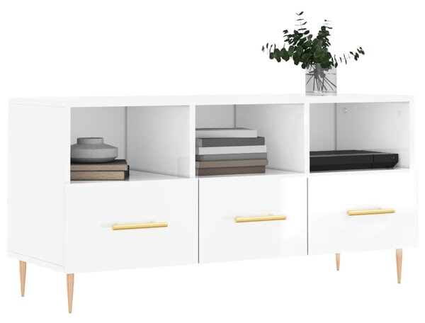 Fehér magasfényű szerelt fa TV-szekrény 102x36x50 cm