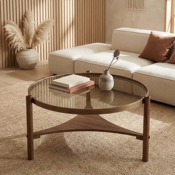 Clover üveg dohányzóasztal, dió, 100 cm