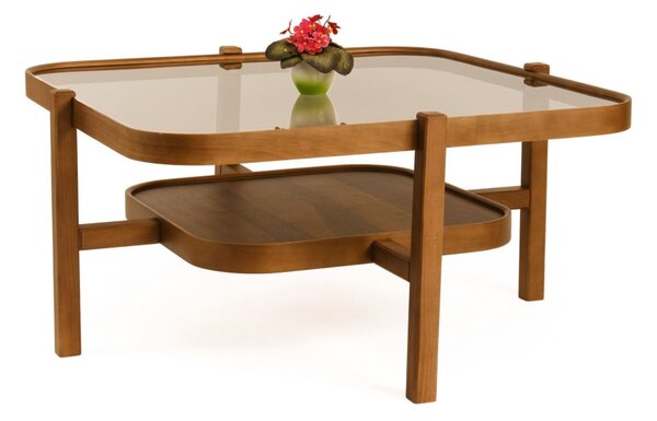 Olimpus üveg dohányzóasztal, dió, 90 cm