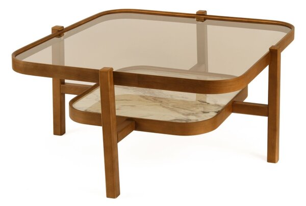Olimpus üveg dohányzóasztal, dió-fehér márvány, 90 cm